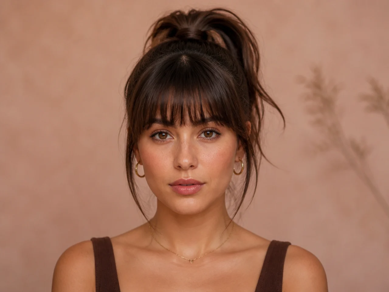 Full bangs worn with a high ponytail