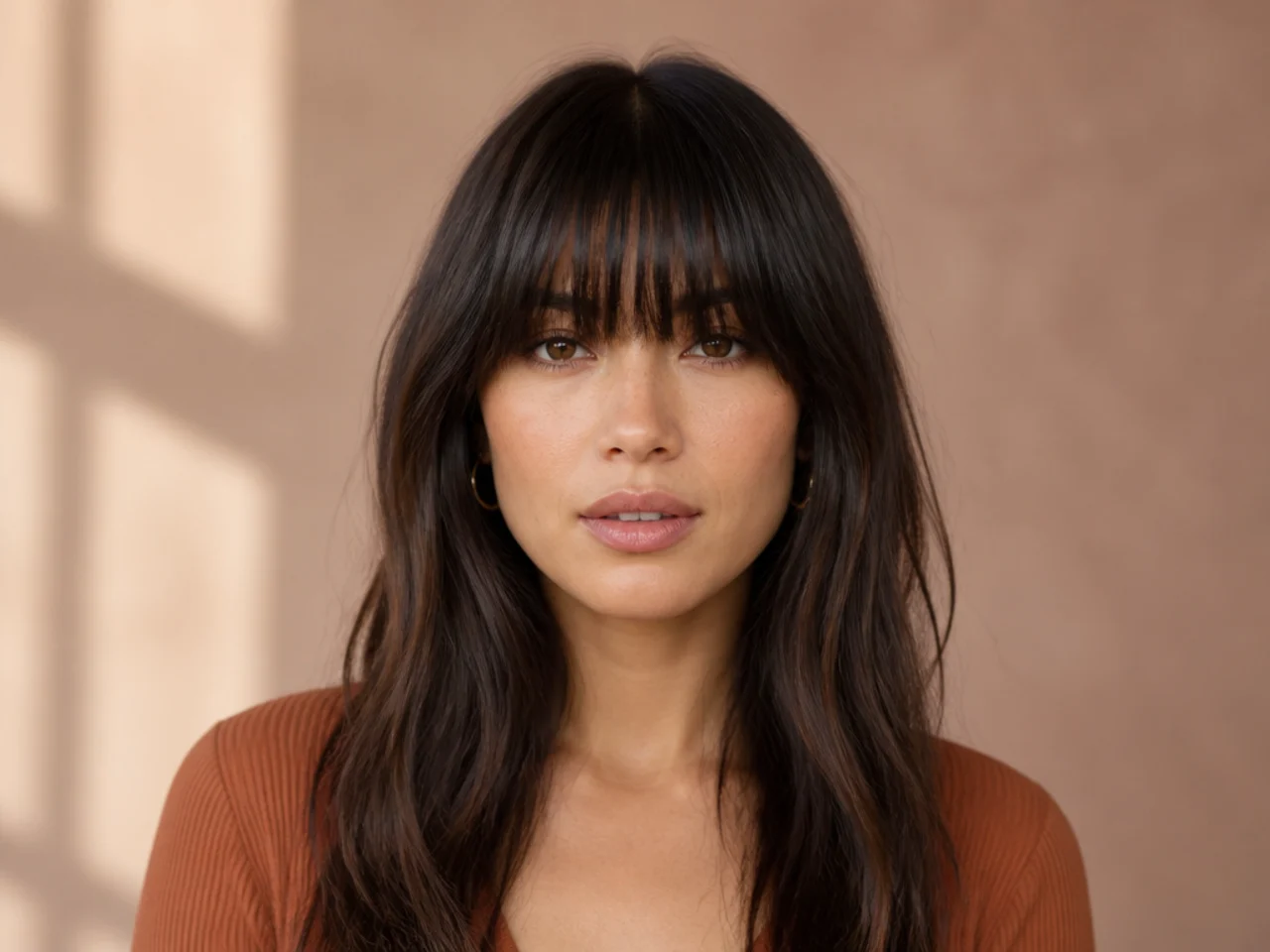A full fringe with a centre parting behind