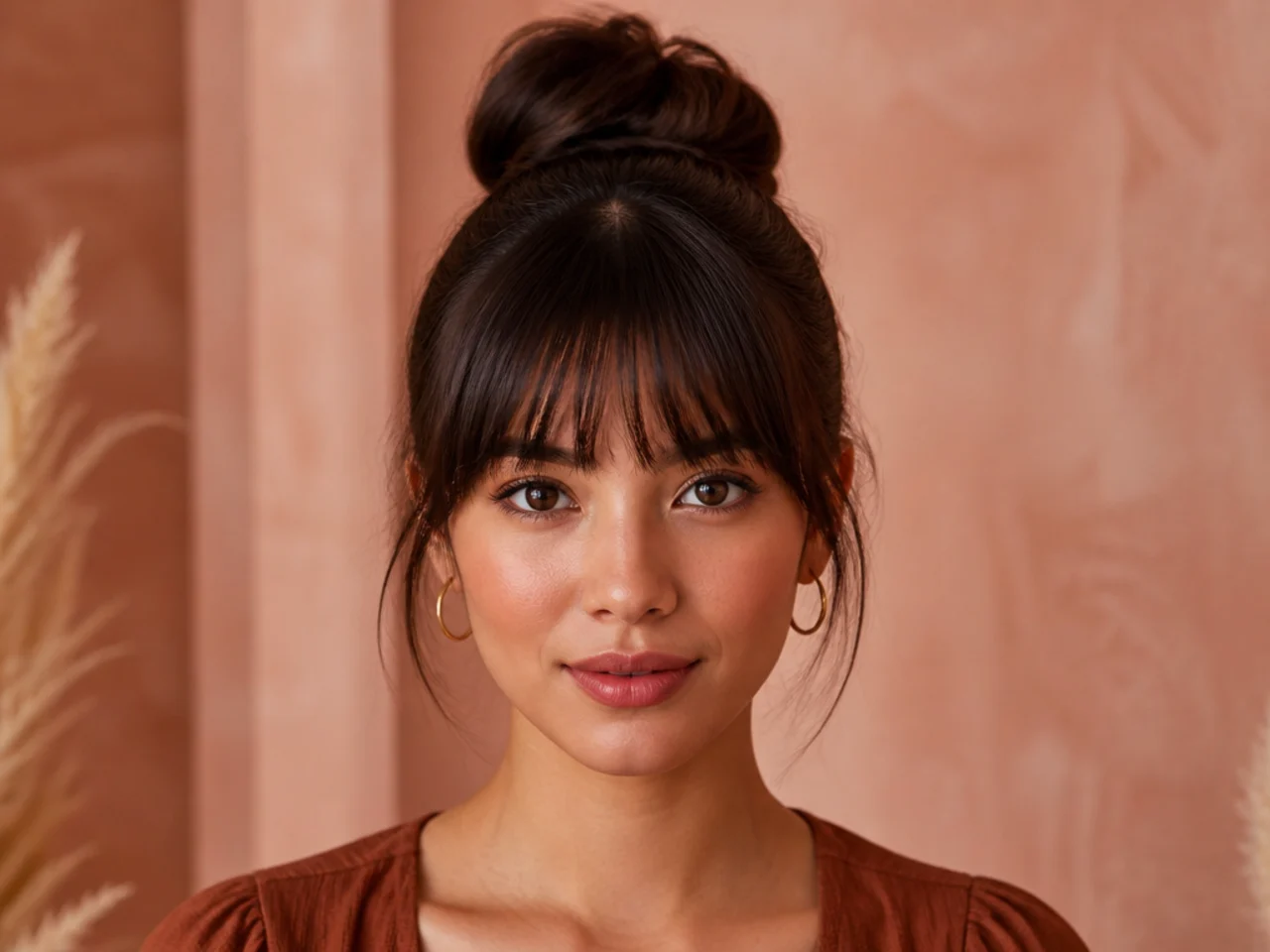 A full fringe worn with a sleek bun