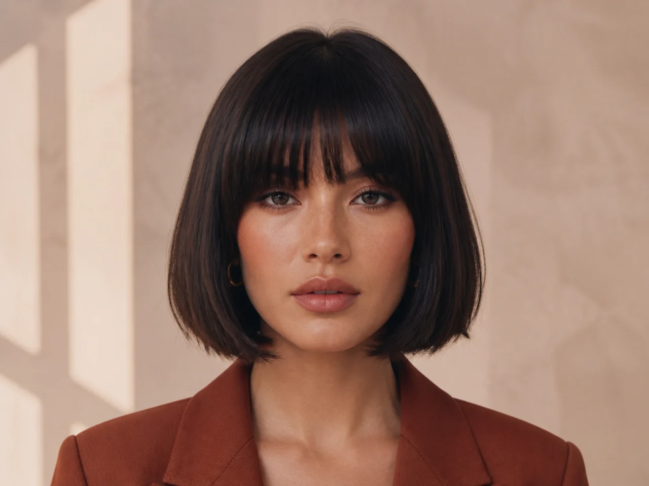 A heavy fringe with a blunt bob