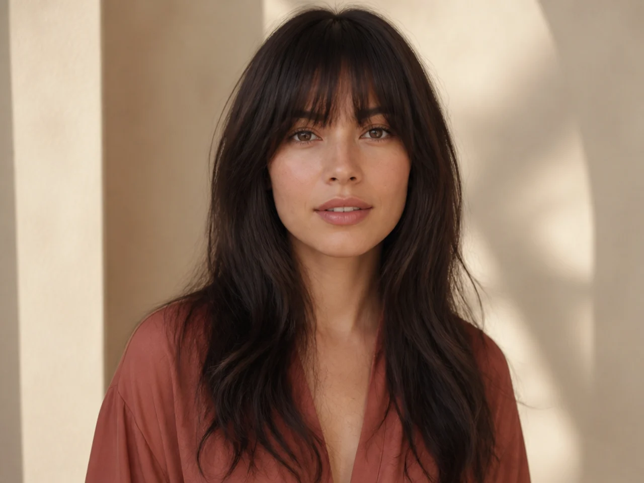 Full bangs with long layers below