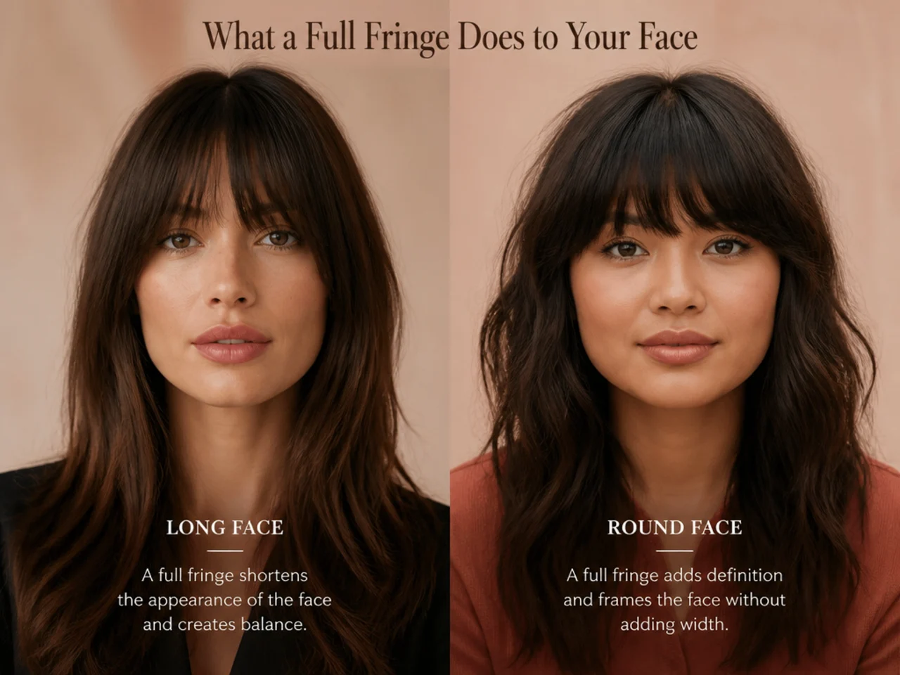 A full fringe shown on a long face and a round face