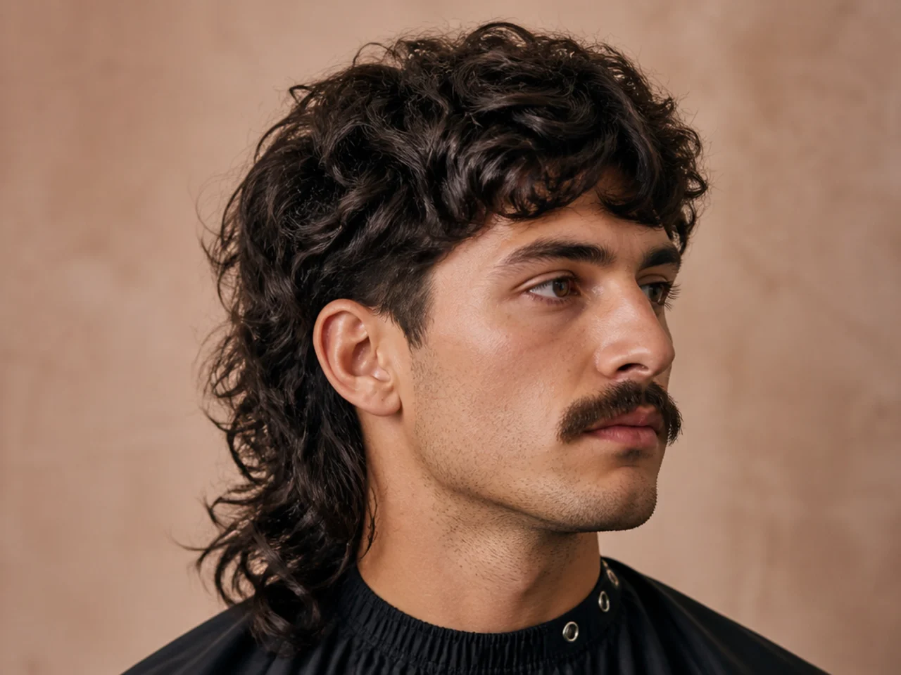 Full mullet paired with a strong mustache on a man in his early thirties