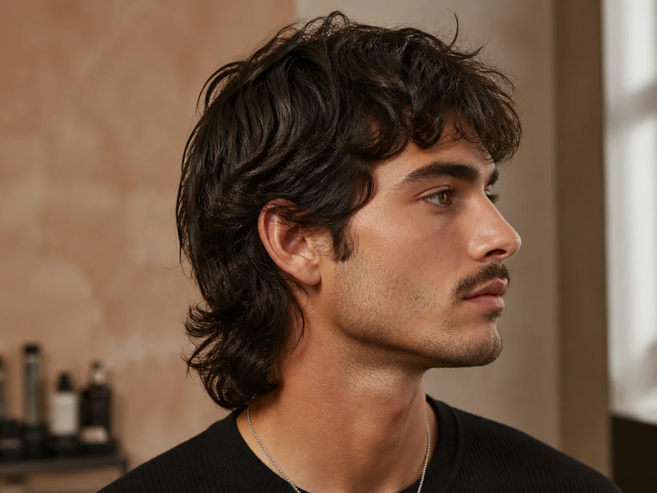 Modern full mullet with textured top and clean tapered sides on a young man
