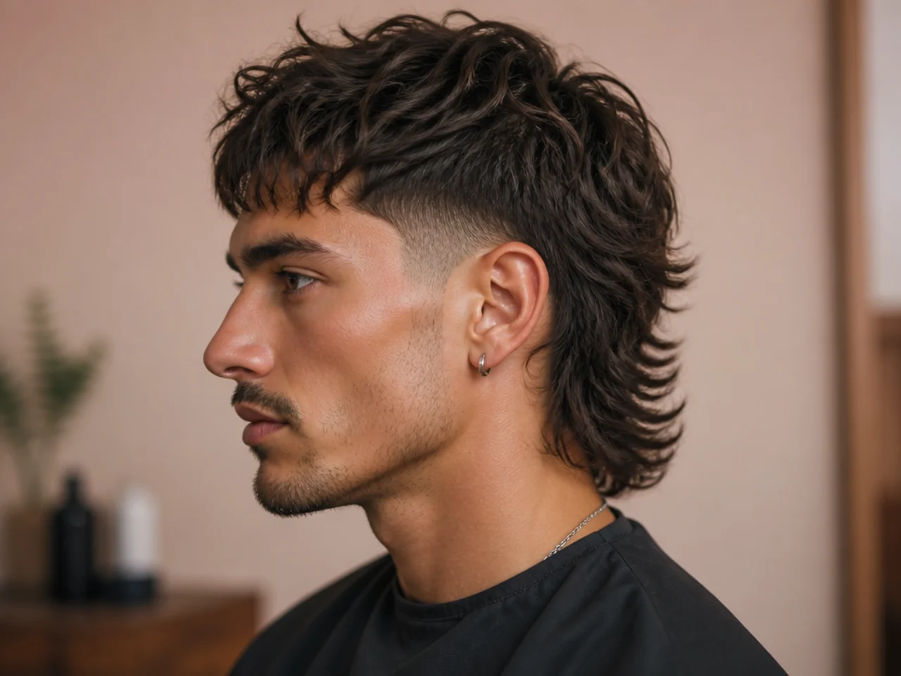 Full mullet with low fade at the sideburn and long layered nape