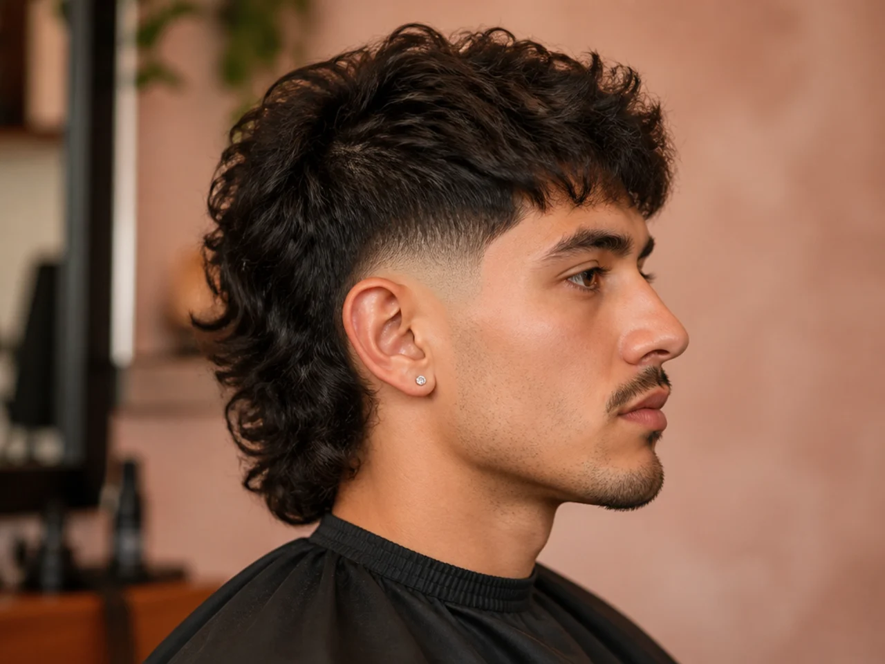 Full mullet with burst fade curving around the ear and long back layers