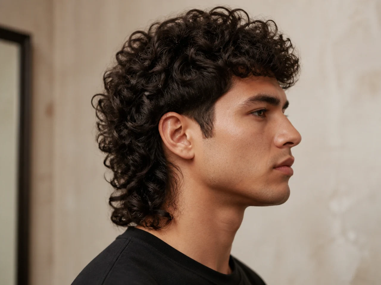 Full curly mullet on a man with type 3 curls and tapered sides