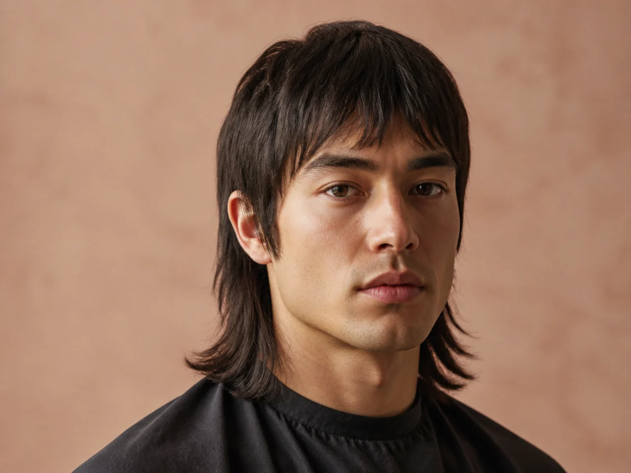 Full straight mullet with aggressive point-cut top and clean feathered nape