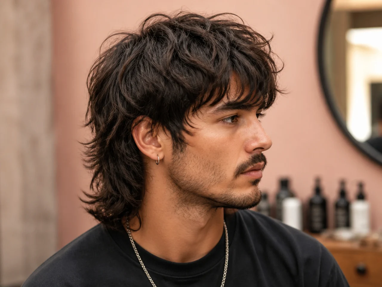 Full mullet with layered fringe falling in piecey pieces to the brow