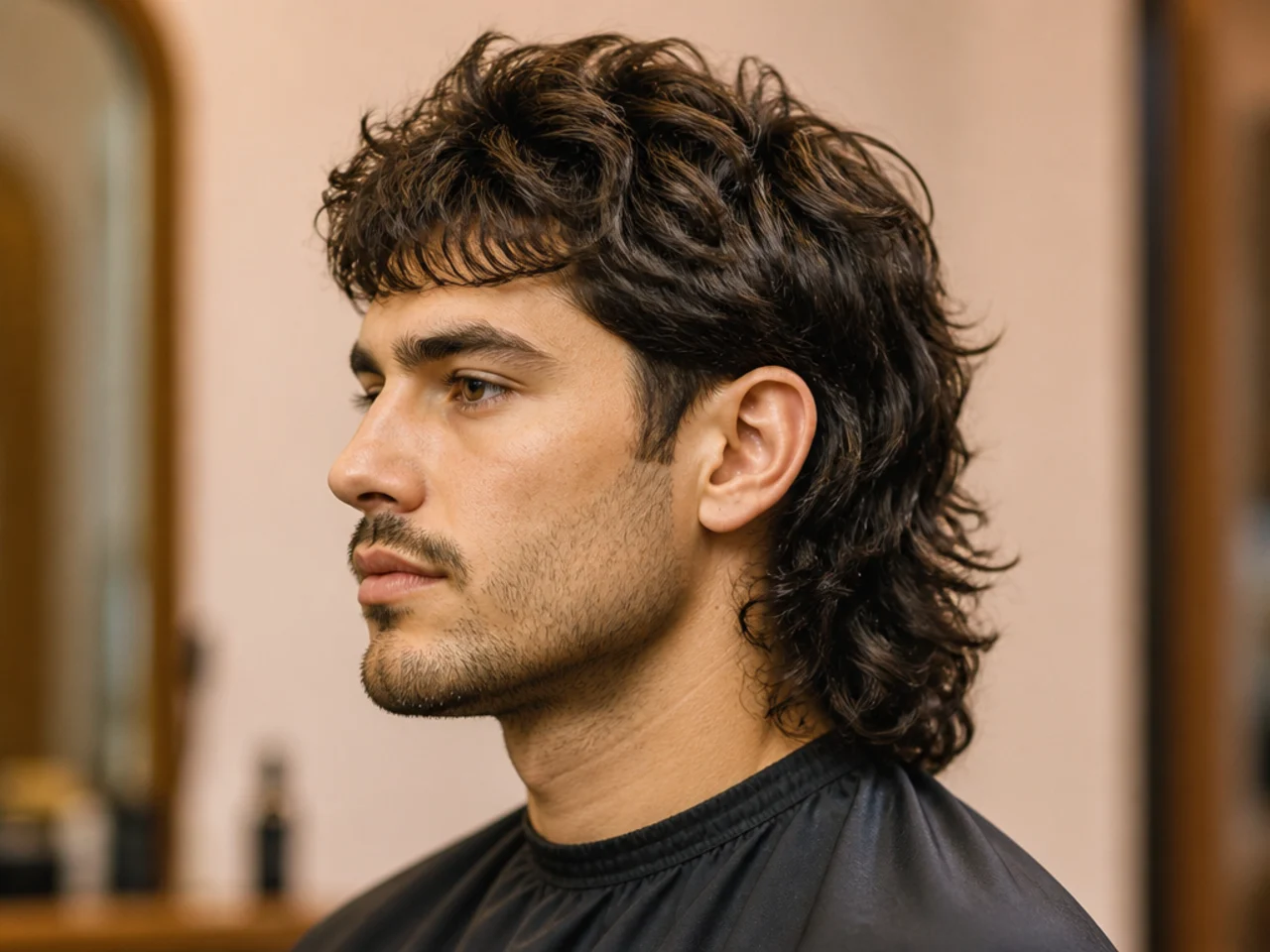 Barber and client discussing full mullet reference photos in a modern barbershop