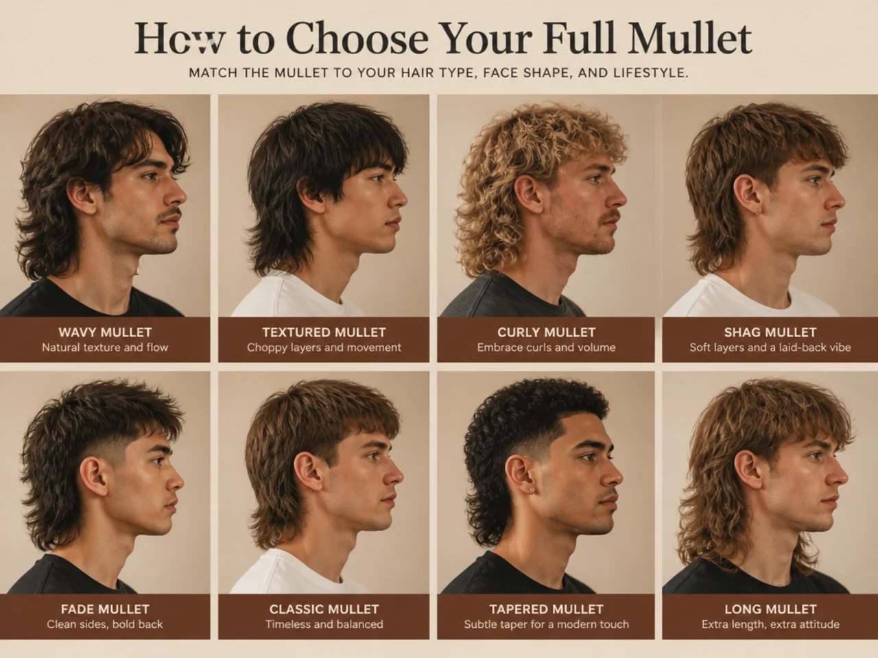 Triptych of three full mullet variations on men with different face shapes and hair types
