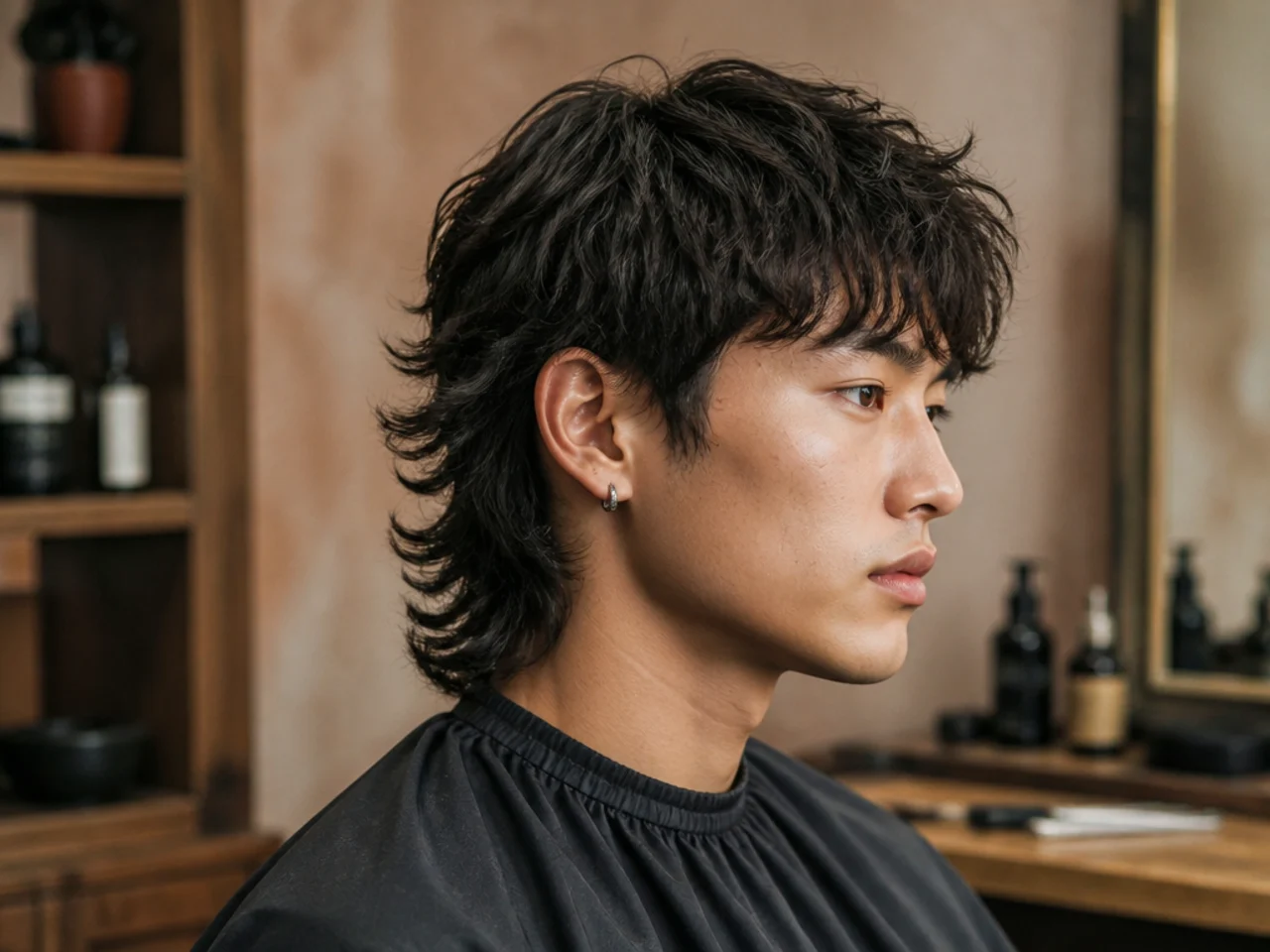 Styling products for a full mullet — matte clay, sea-salt spray, blow dryer, comb