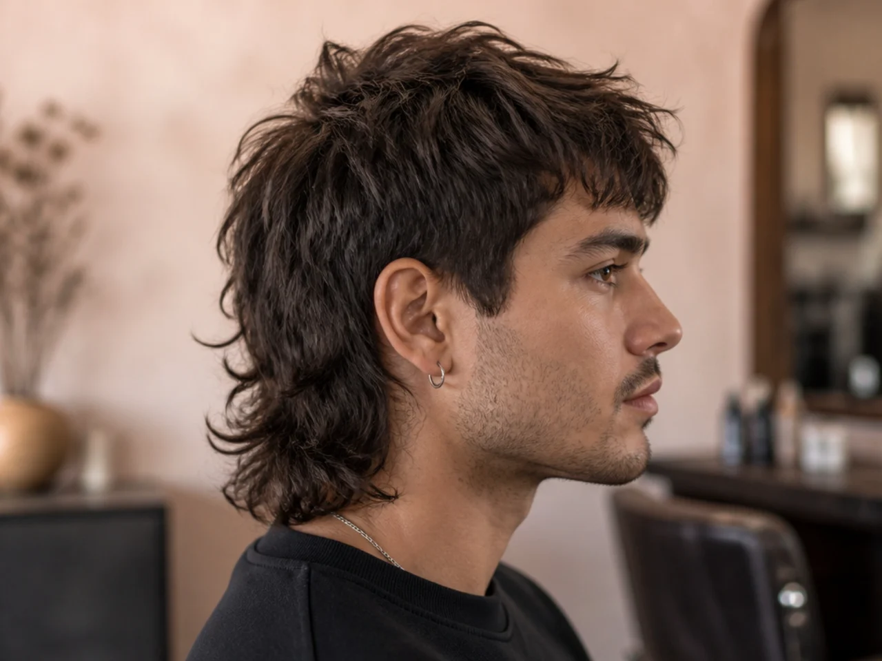 Side-profile diagram of a full mullet showing three-inch top, tapered sides, and four-inch layered nape