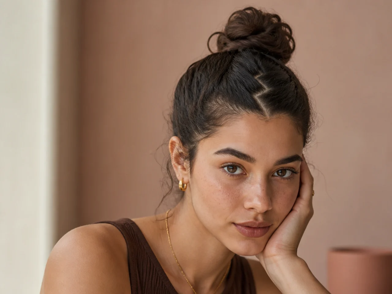 A bun above a zigzag parting