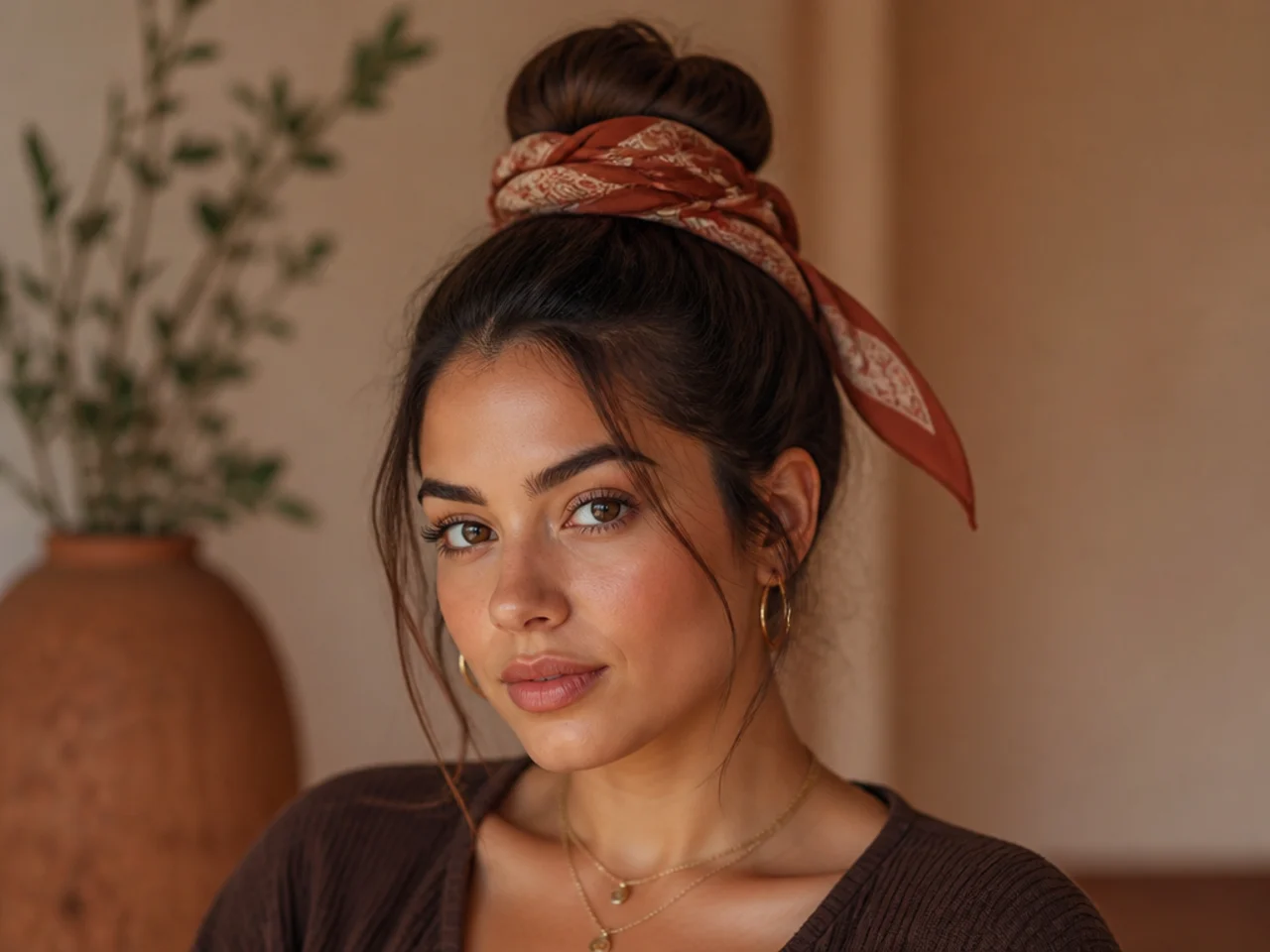 A bun with a scarf tied over the base