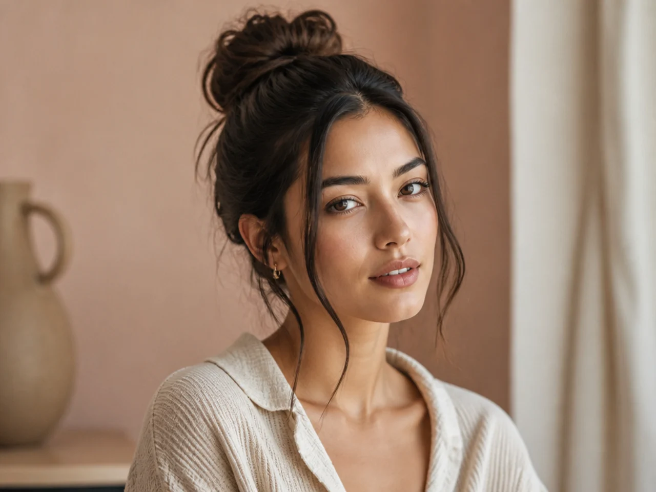 A messy bun with pieces pulled loose