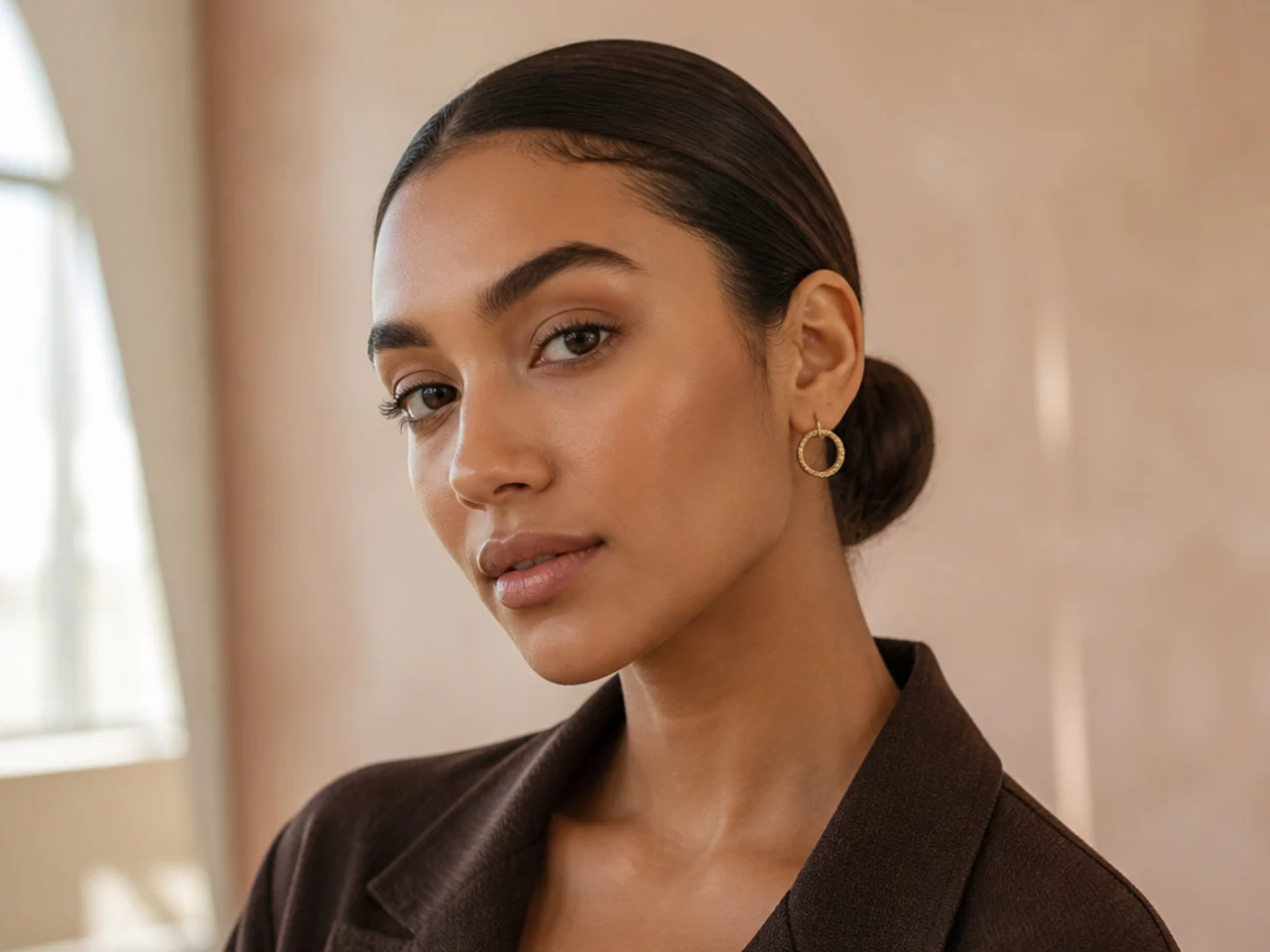 A deliberately slicked low bun
