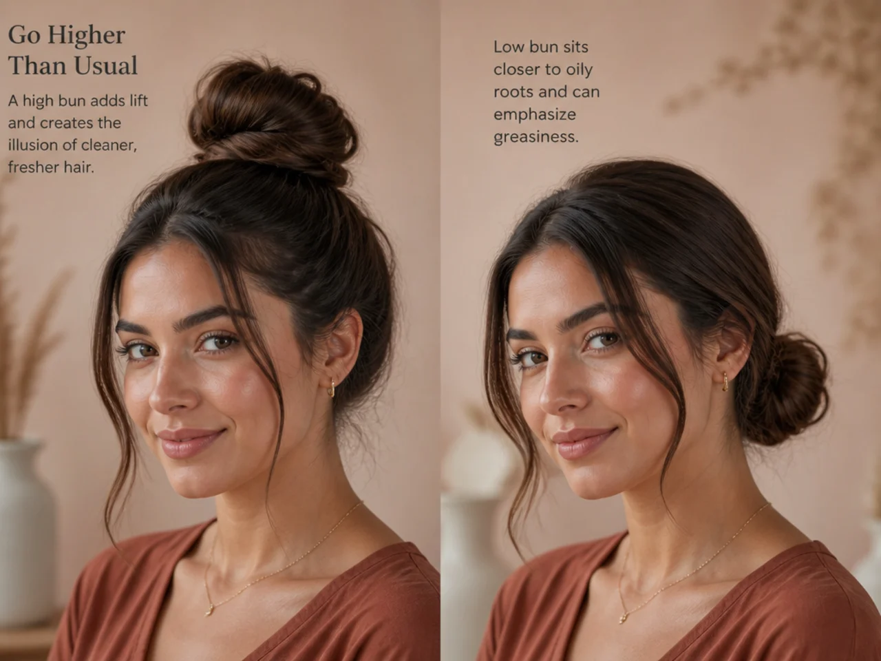 A high bun compared with a low one on the same unwashed hair