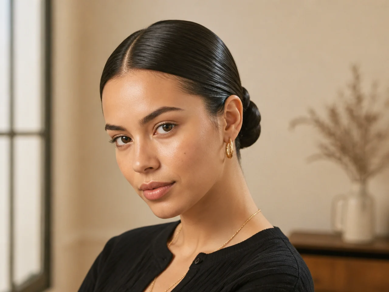 A tight flat low bun showing crown shine