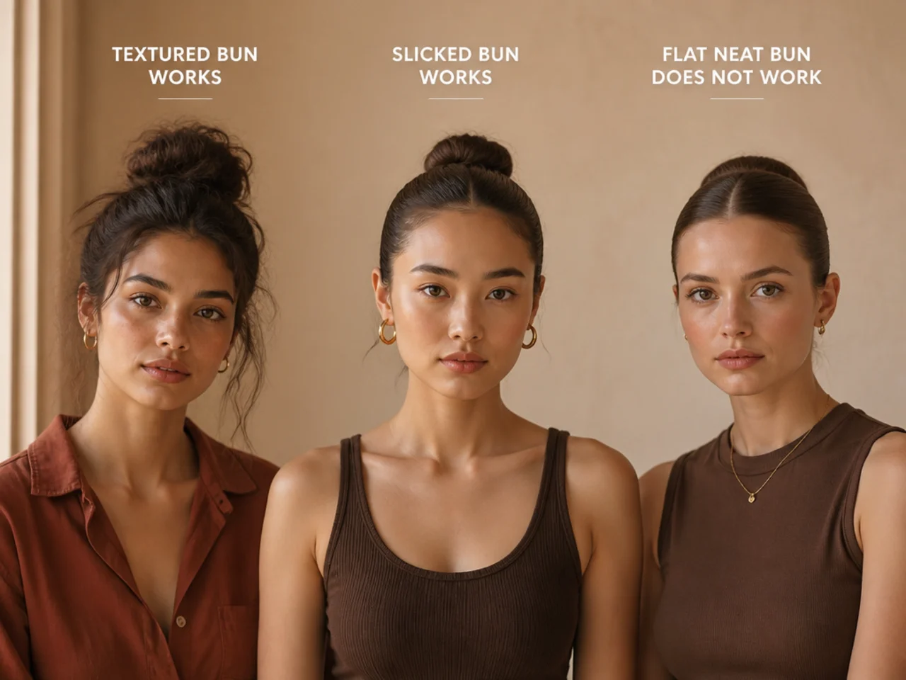 A textured bun and a slicked bun beside a flat neat one