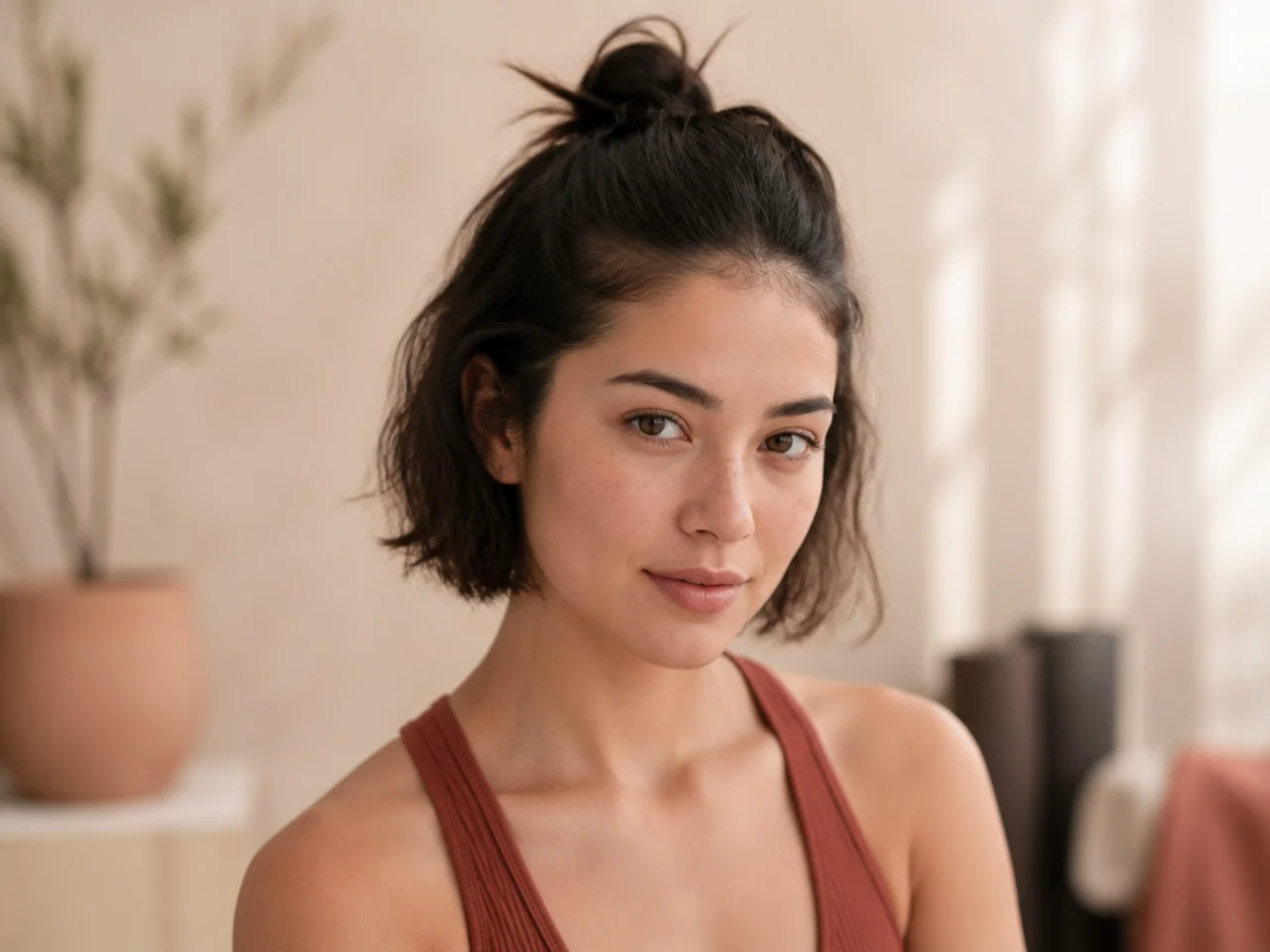 A half-up gym style on short hair