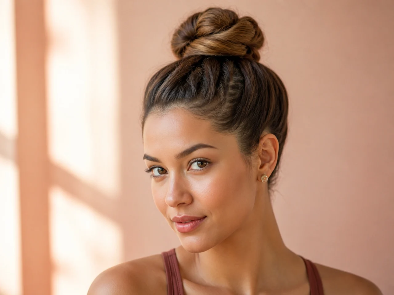 A French braid coiled into a high bun