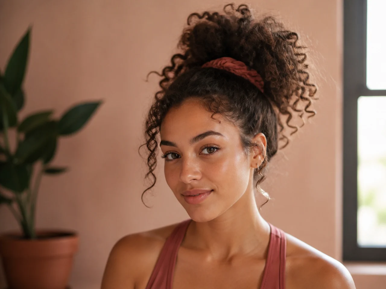 A curly pineapple gathered high