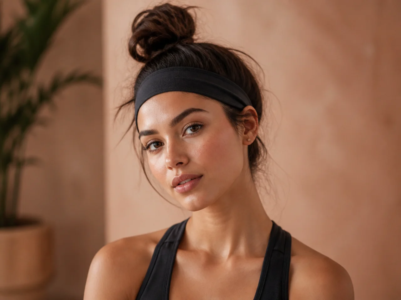 A top knot worn with a sweatband