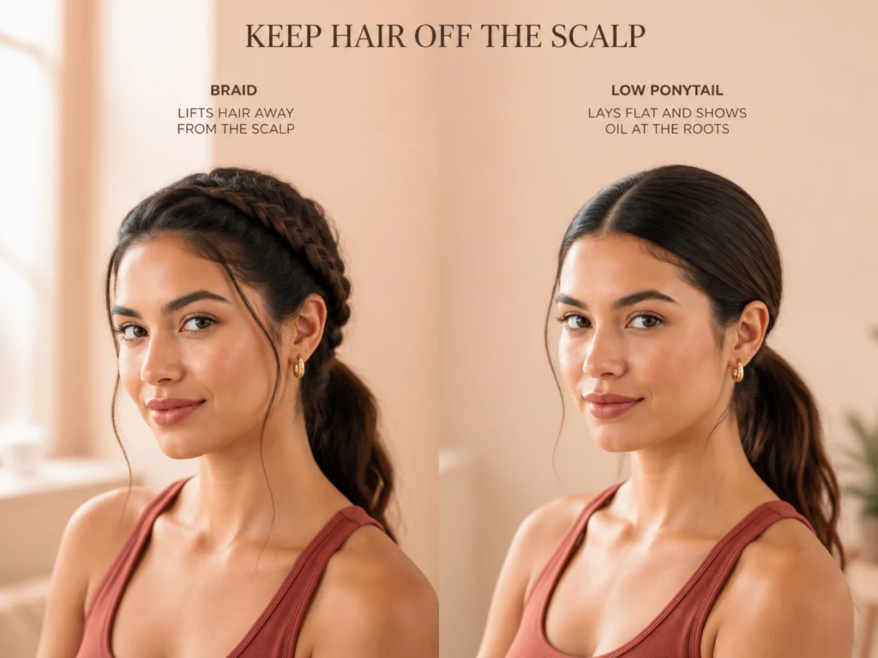 A braid holding hair off the scalp compared with a flat low ponytail