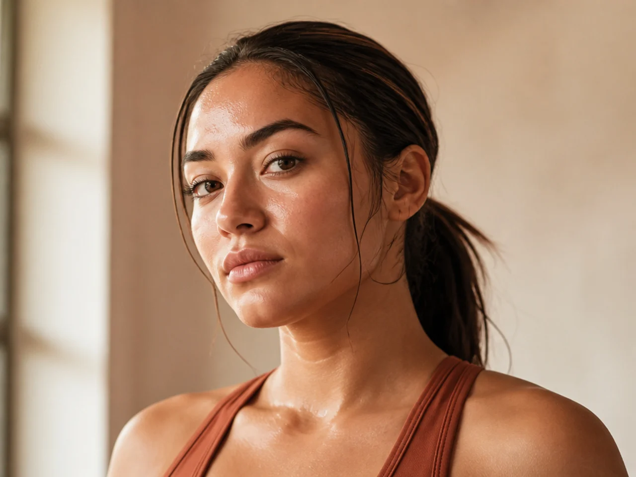 A low ponytail trapping sweat against the scalp