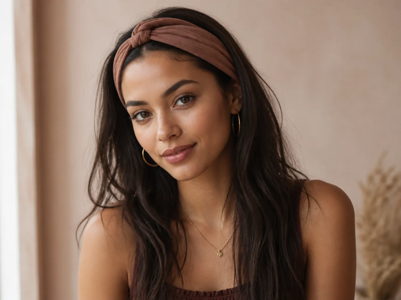 A headband worn with long hair down