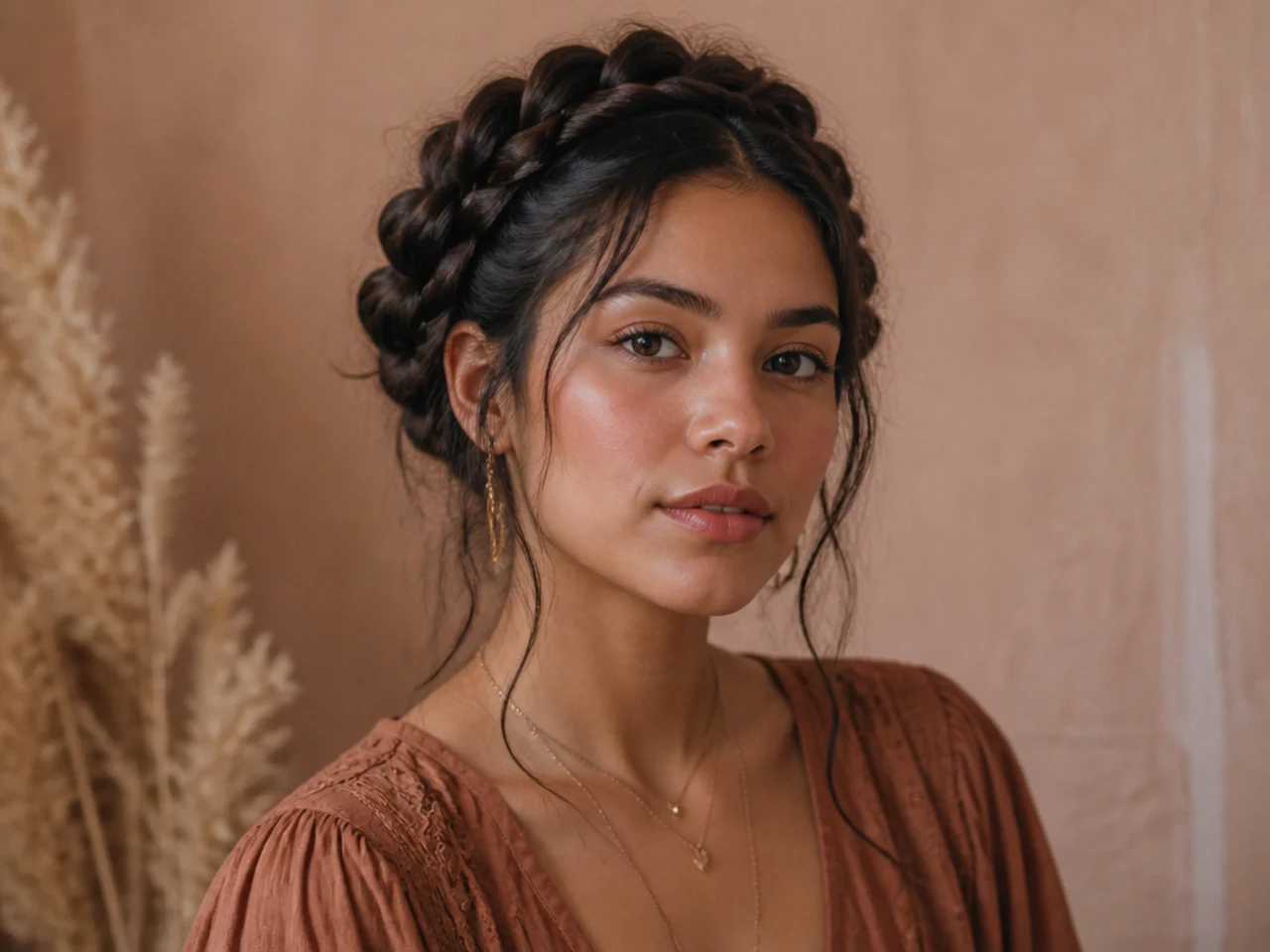 Milkmaid braids pinned over the crown