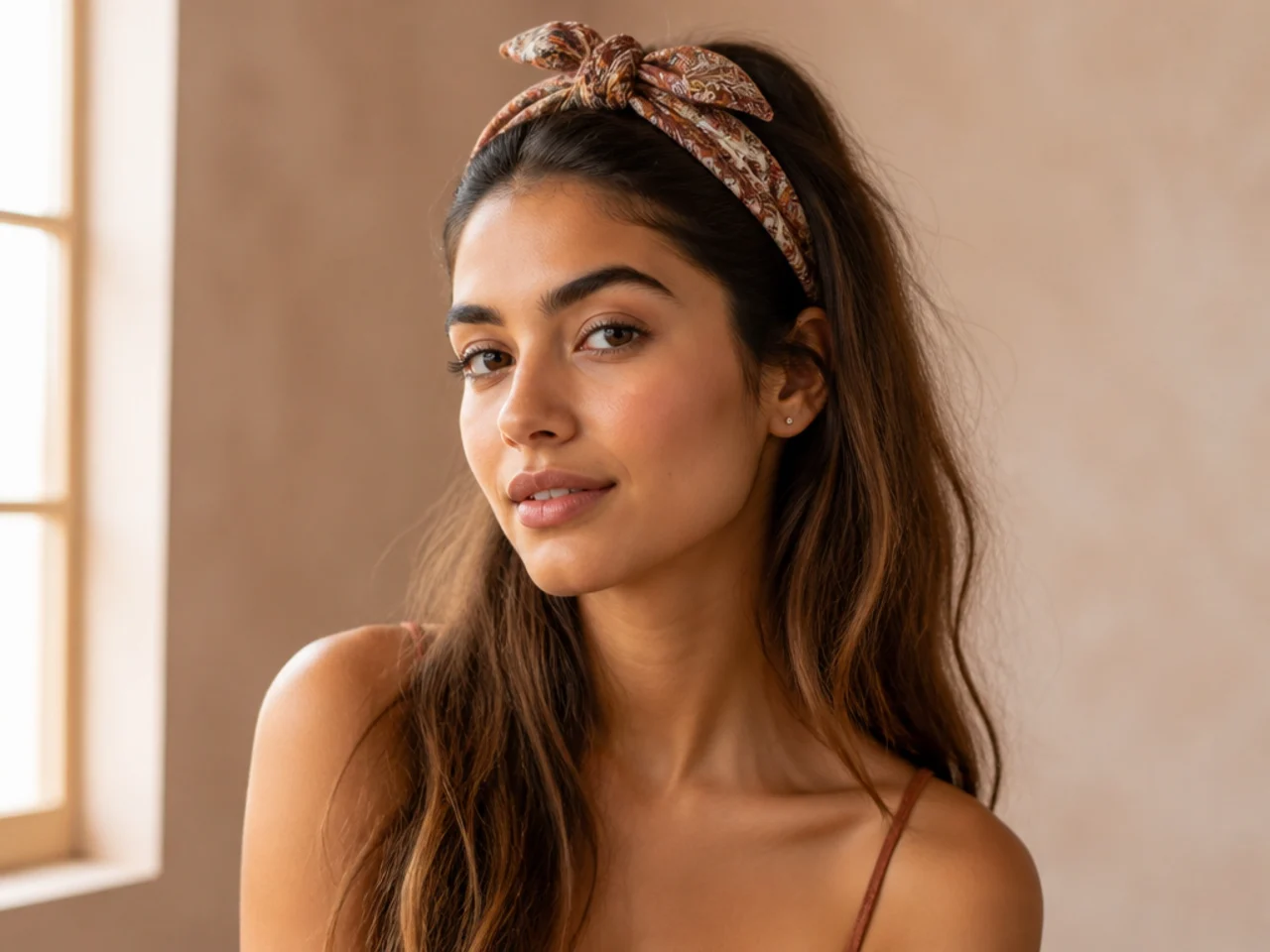 A scarf tied at the crown with hair down