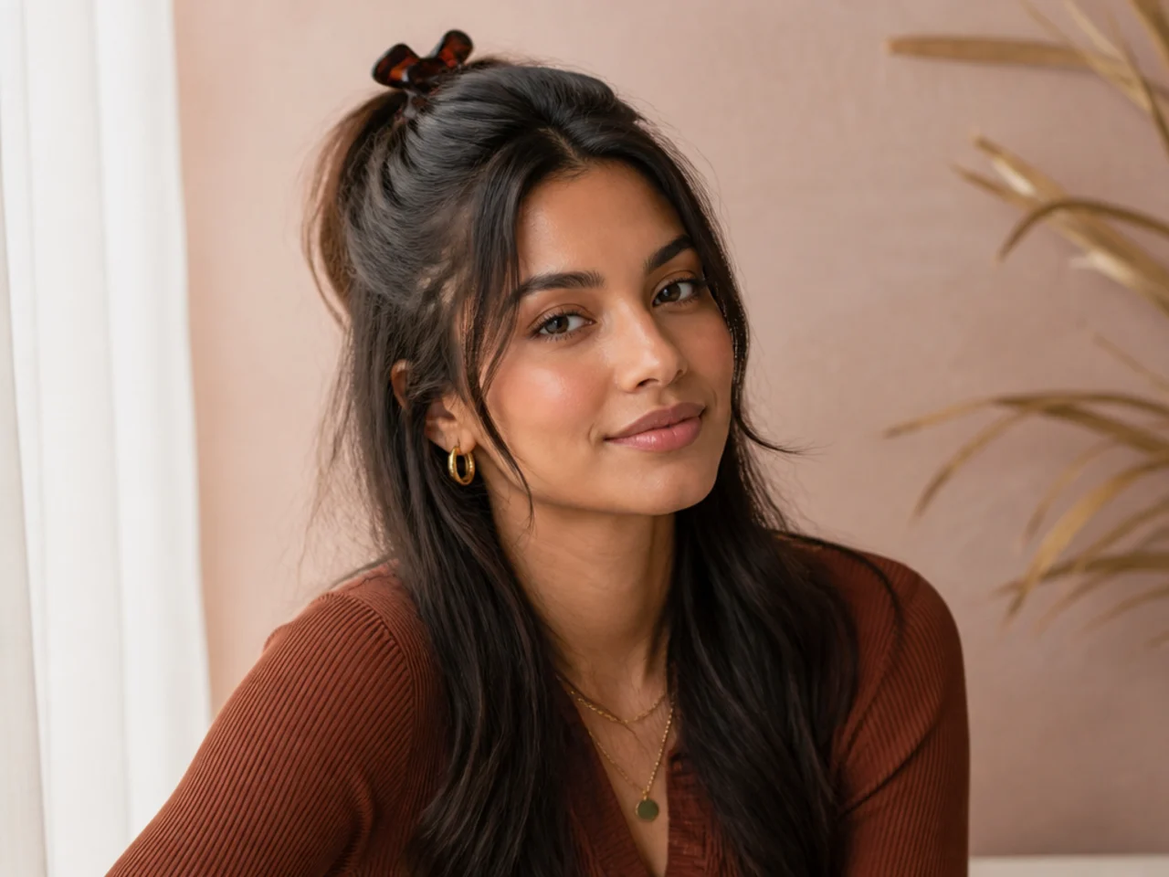 A clipped half-up on long hair