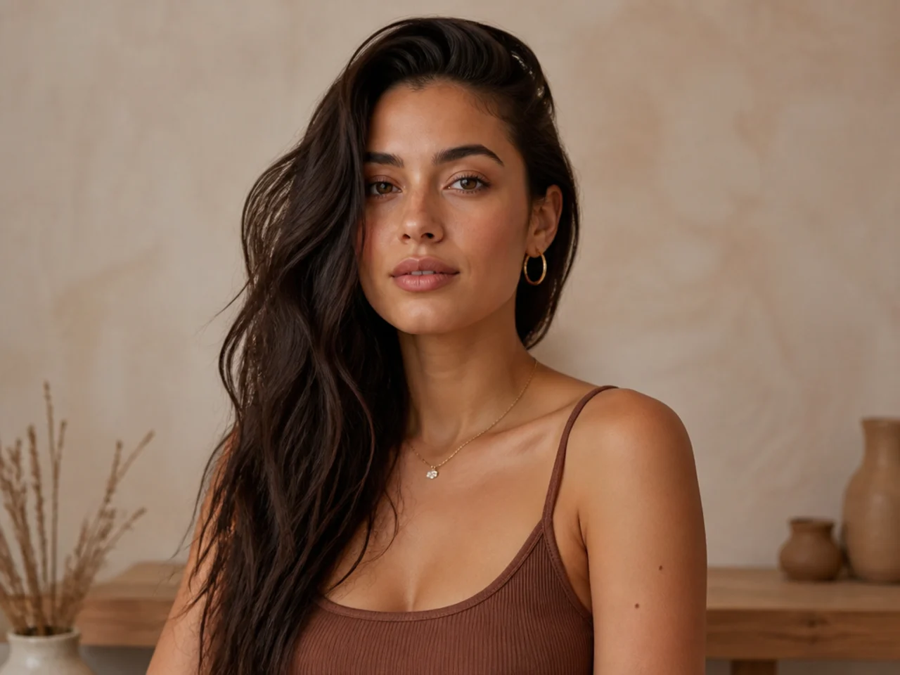 Long hair swept over one shoulder
