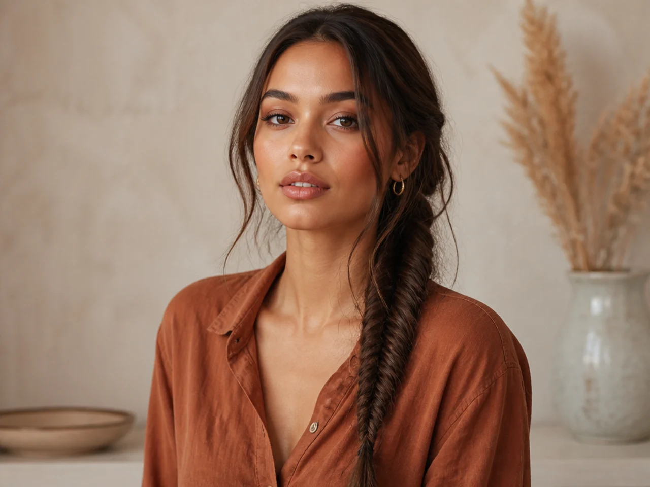 A fishtail braid on long hair