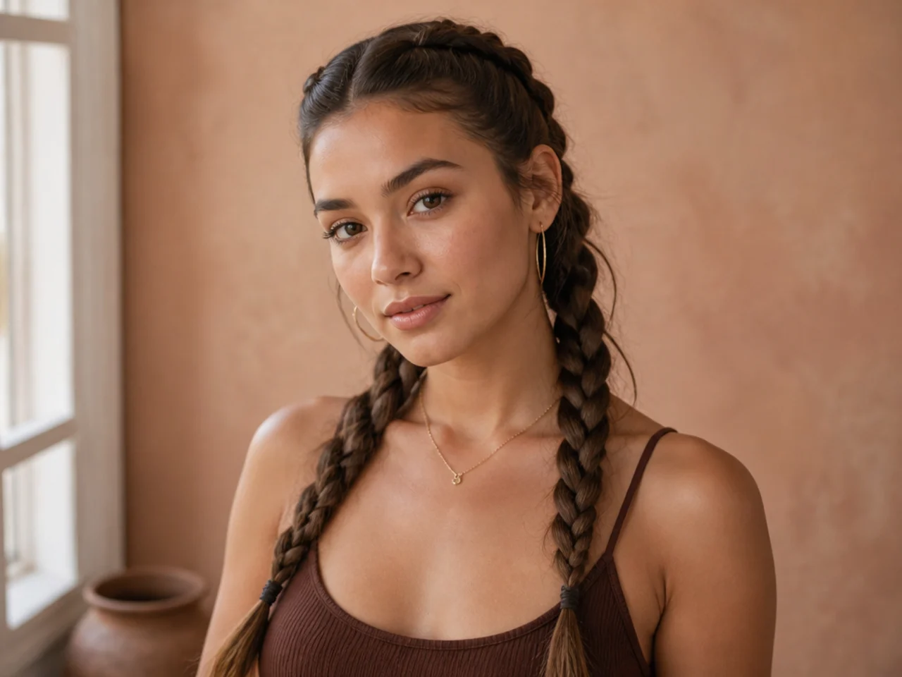 Two Dutch braids on long hair