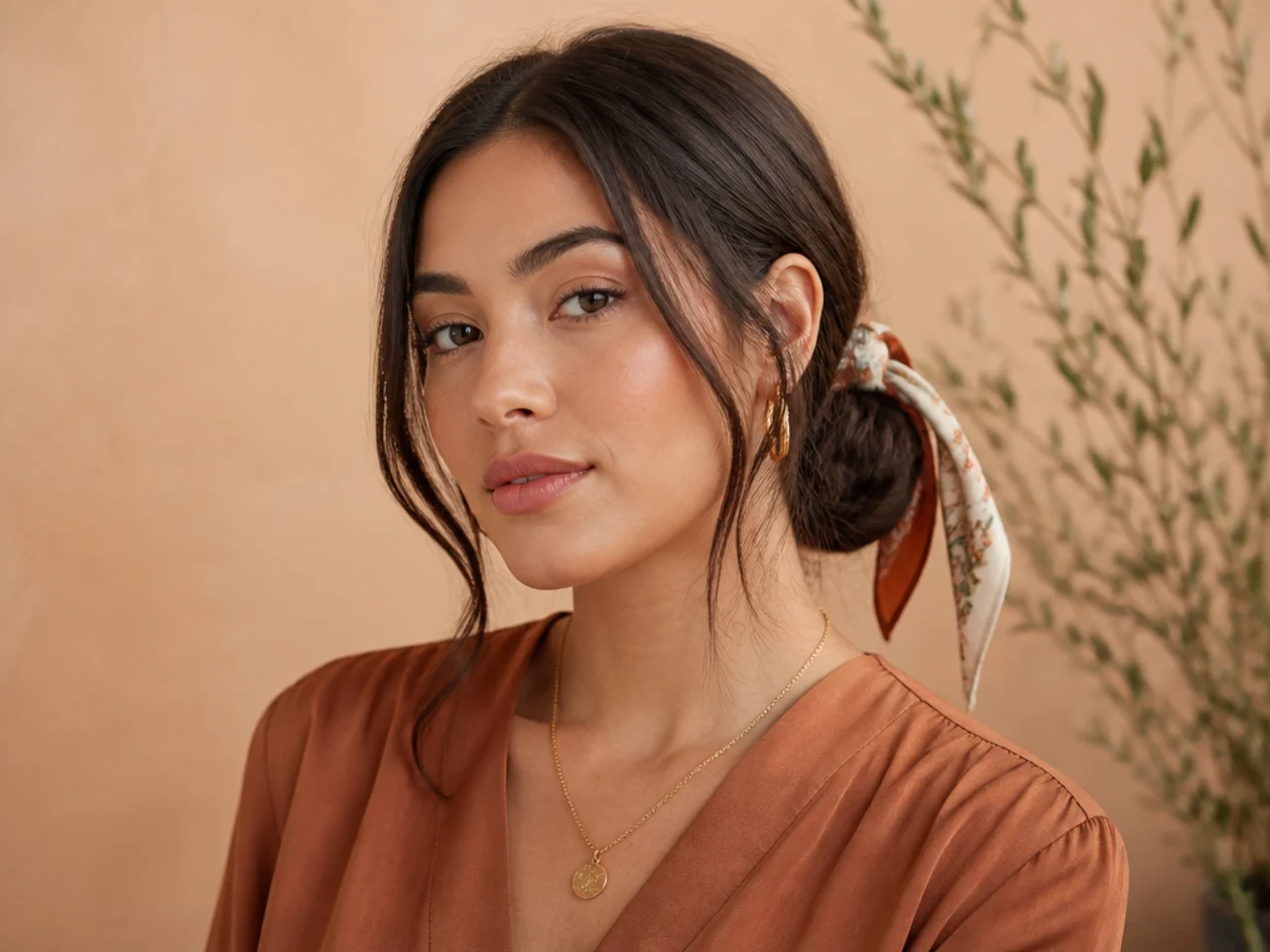 A low bun tied with a scarf