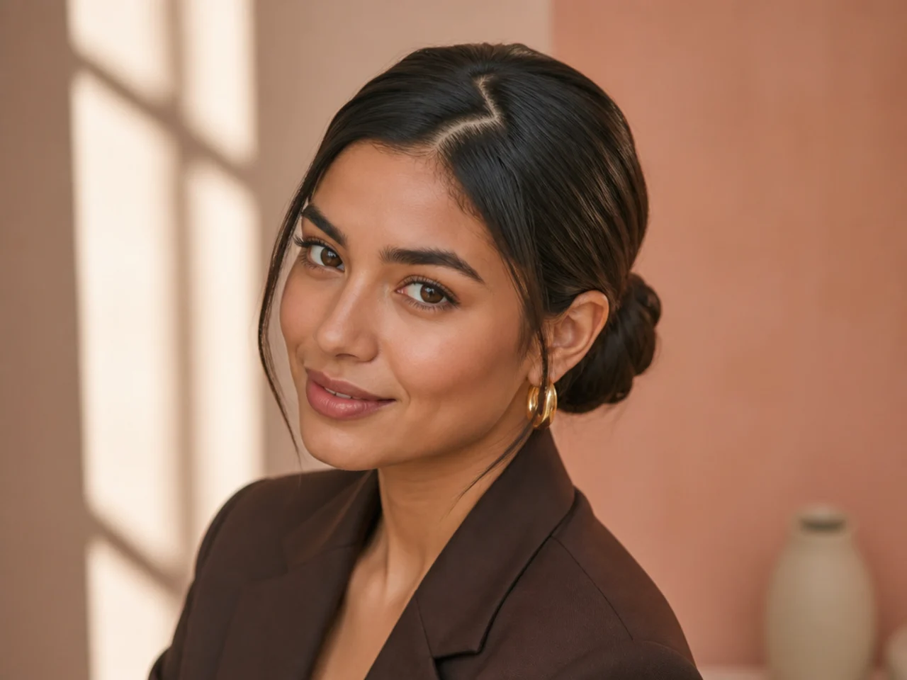 A zigzag parting above a low bun