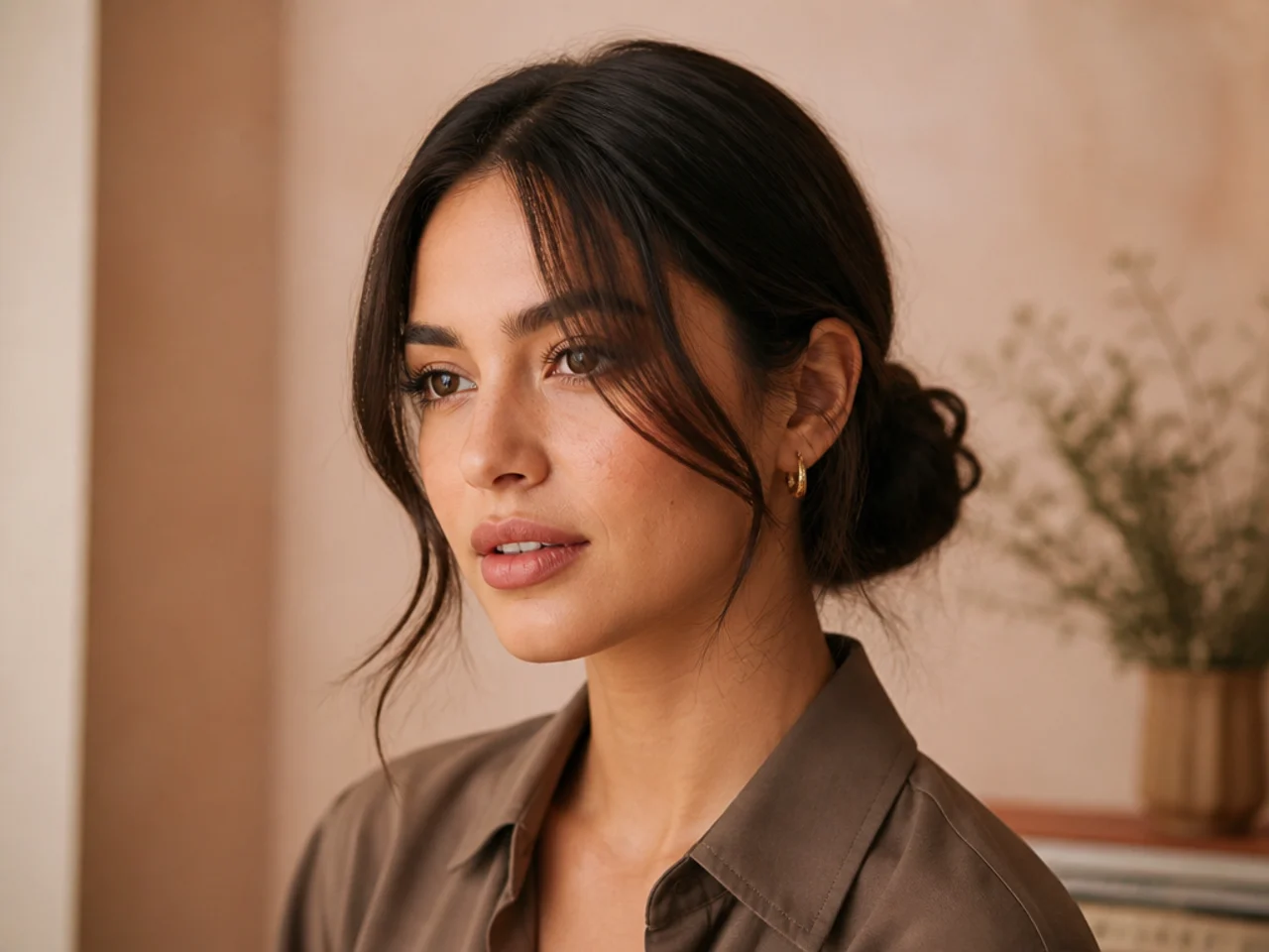 A low chignon with face-framing pieces