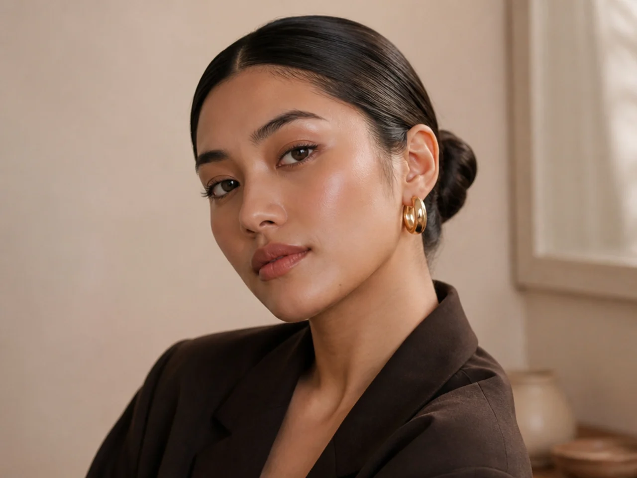 A deliberately slicked low bun