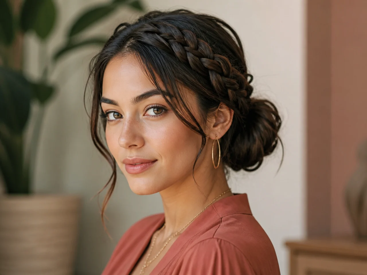 A braided crown leading into a bun