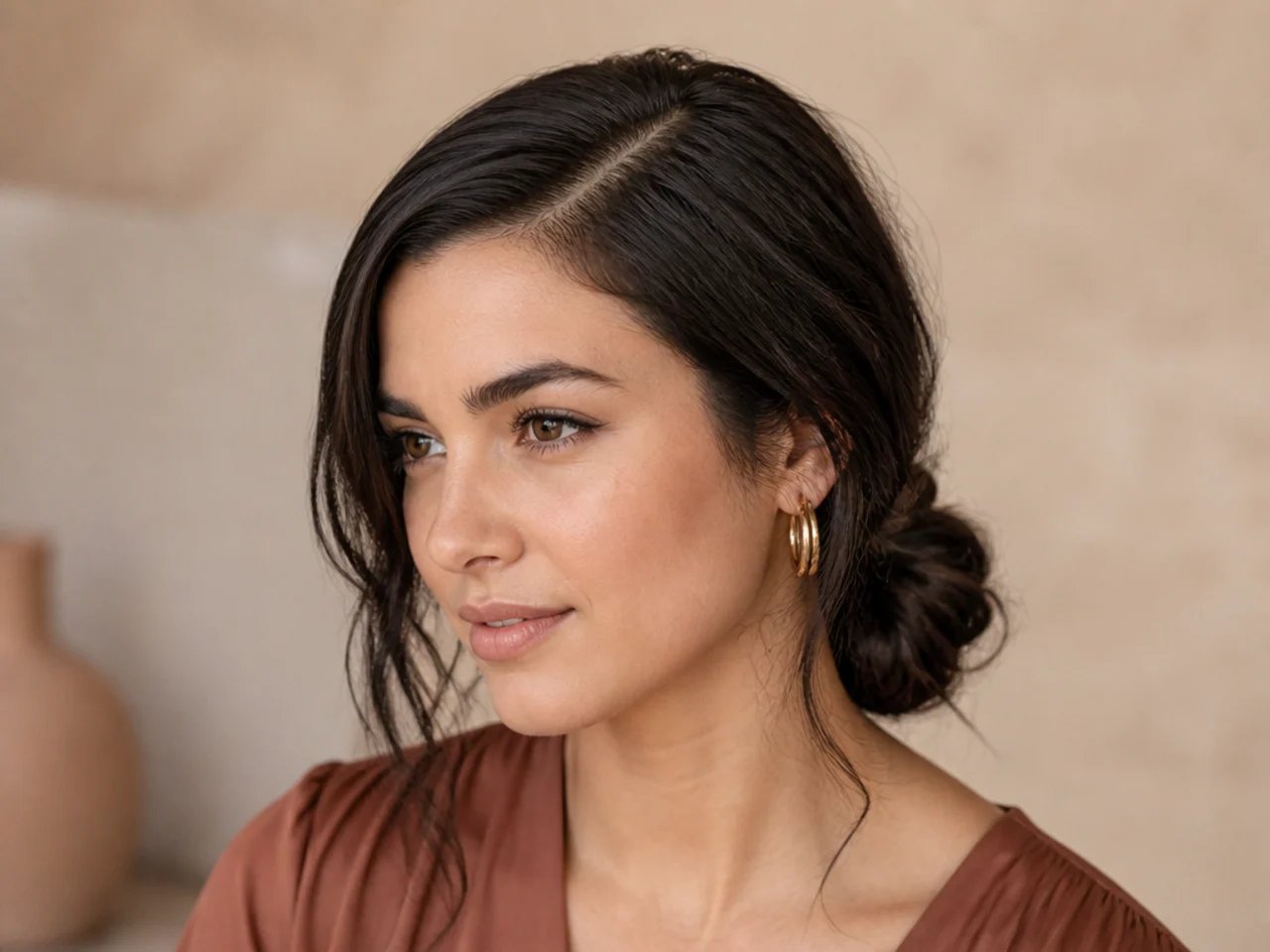 A deep side part above a low gather