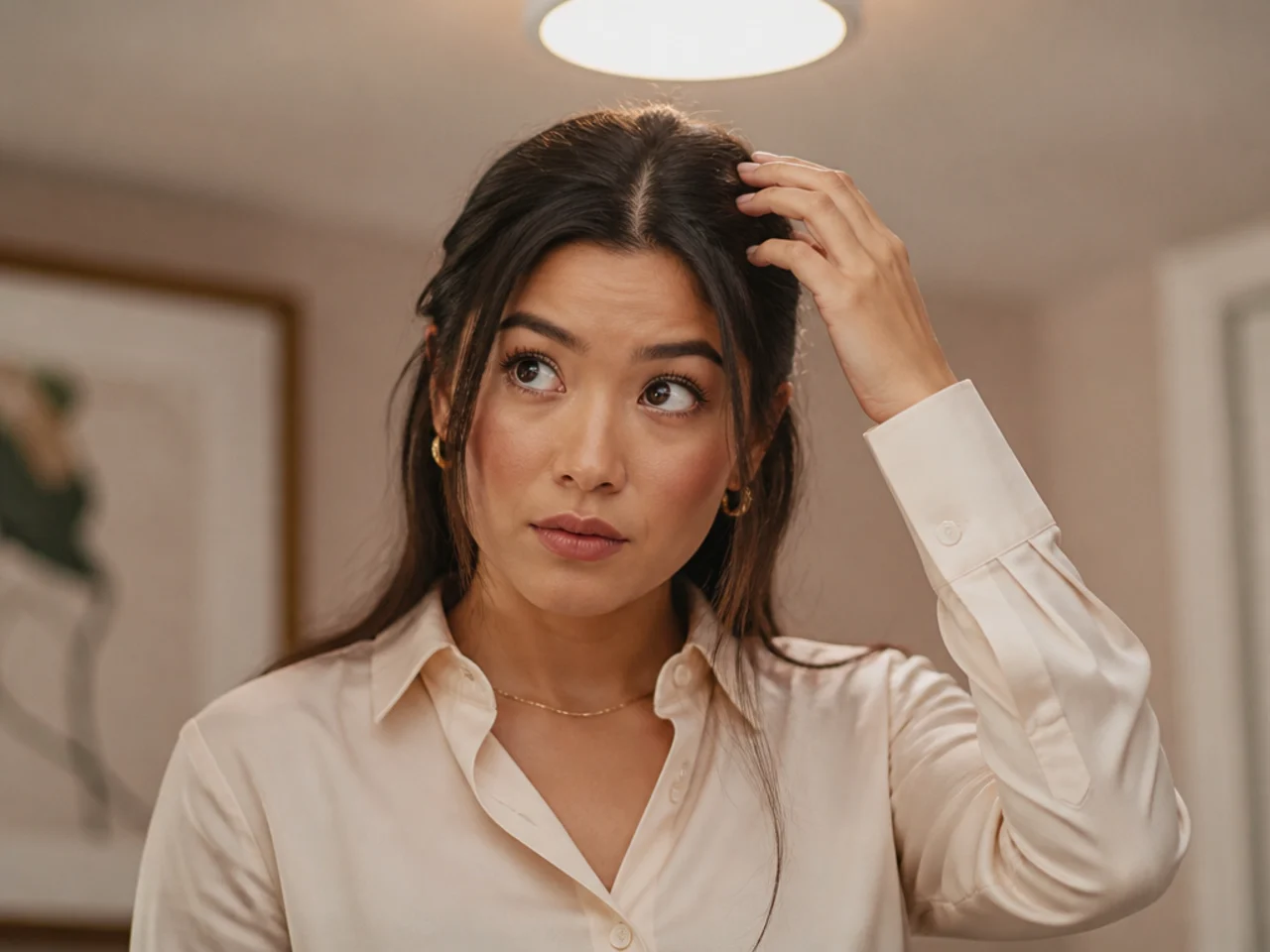 Checking hair under a ceiling light before a meeting