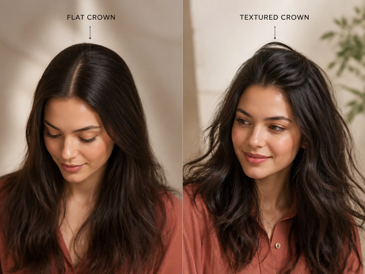 Overhead light falling on a flat crown compared with a textured one