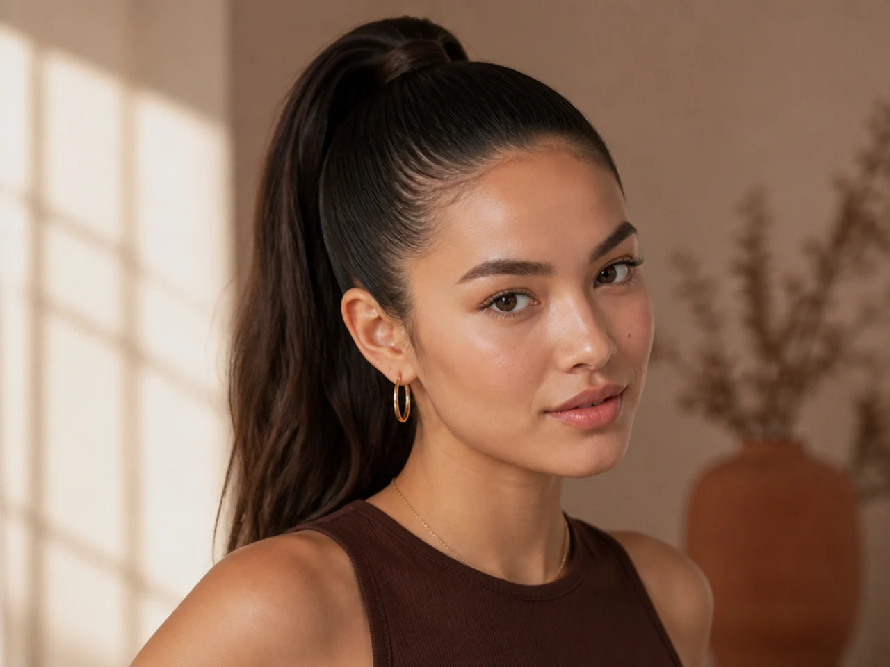 A slicked high ponytail