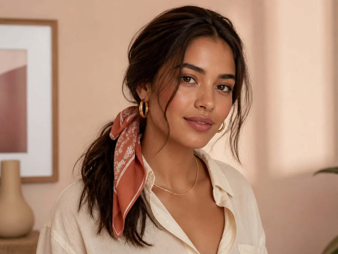 A low ponytail tied with a scarf