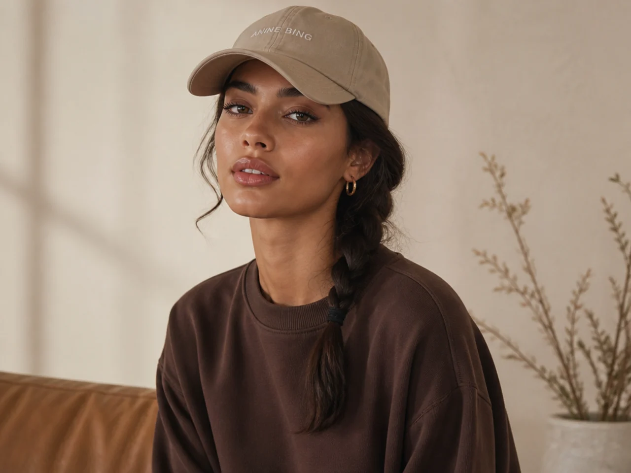 A cap worn with a low braid