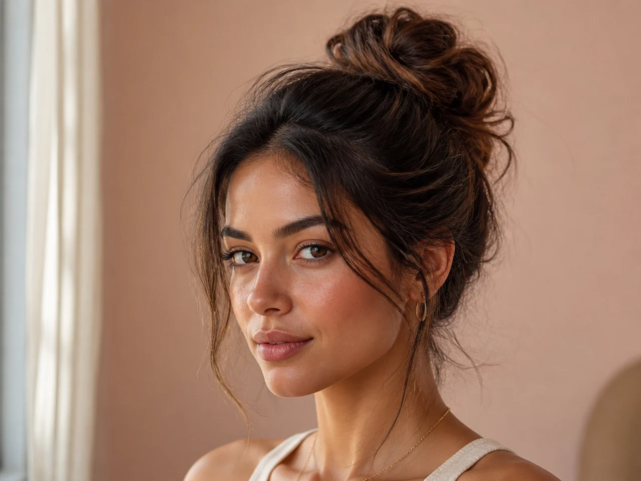 A textured messy bun on unwashed hair