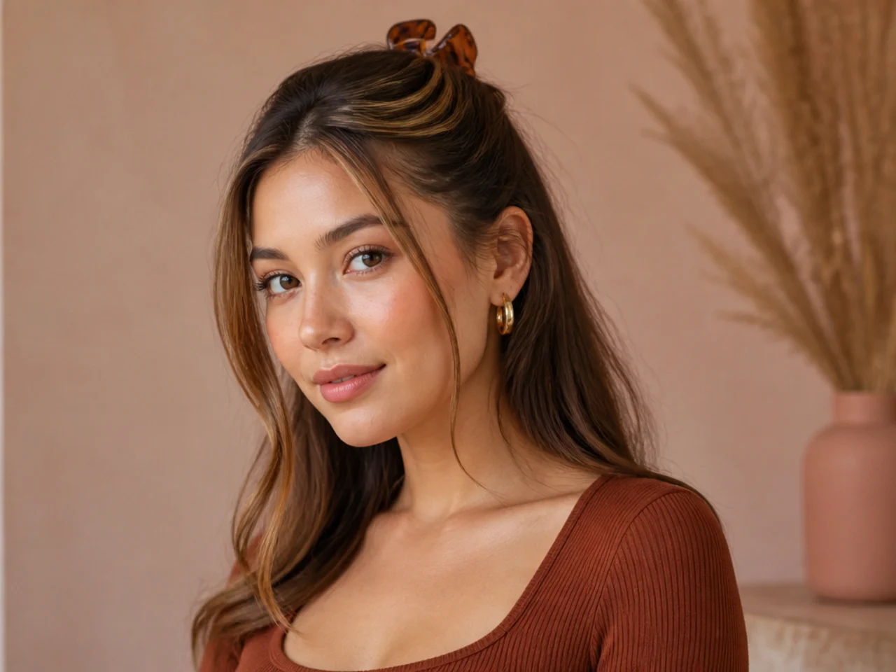 A half-up held with a claw clip on day-two hair